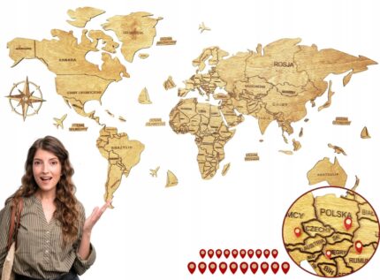 Drewniana Mapa Świata Dekoracja na ścianę 150cm